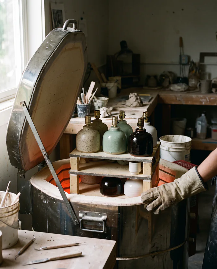 Fired lamp bases in an opened kiln