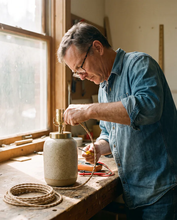 A lamp being wired at a timber workbench