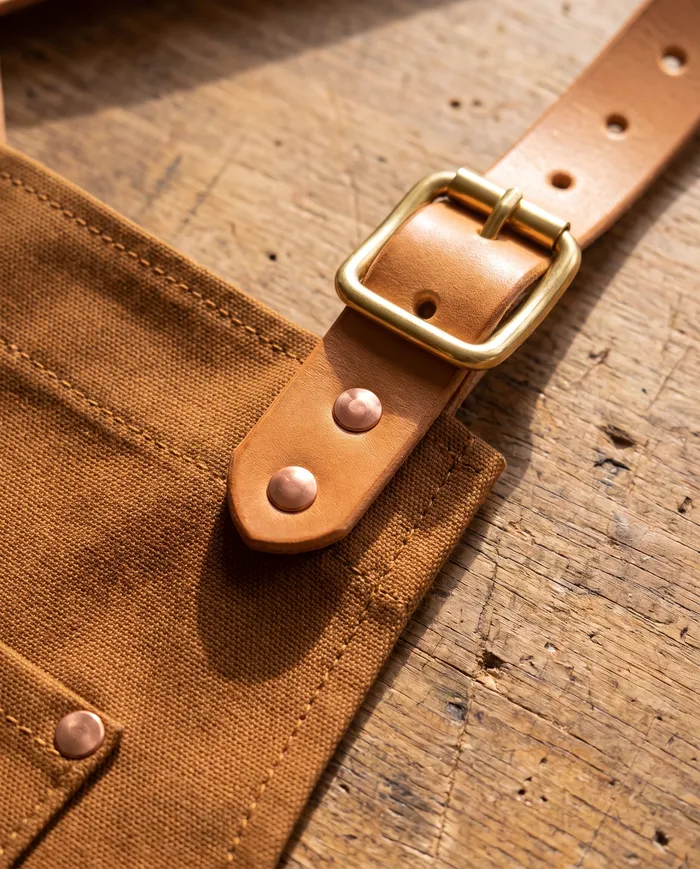 Merewether shop apron: leather straps and brass buckles