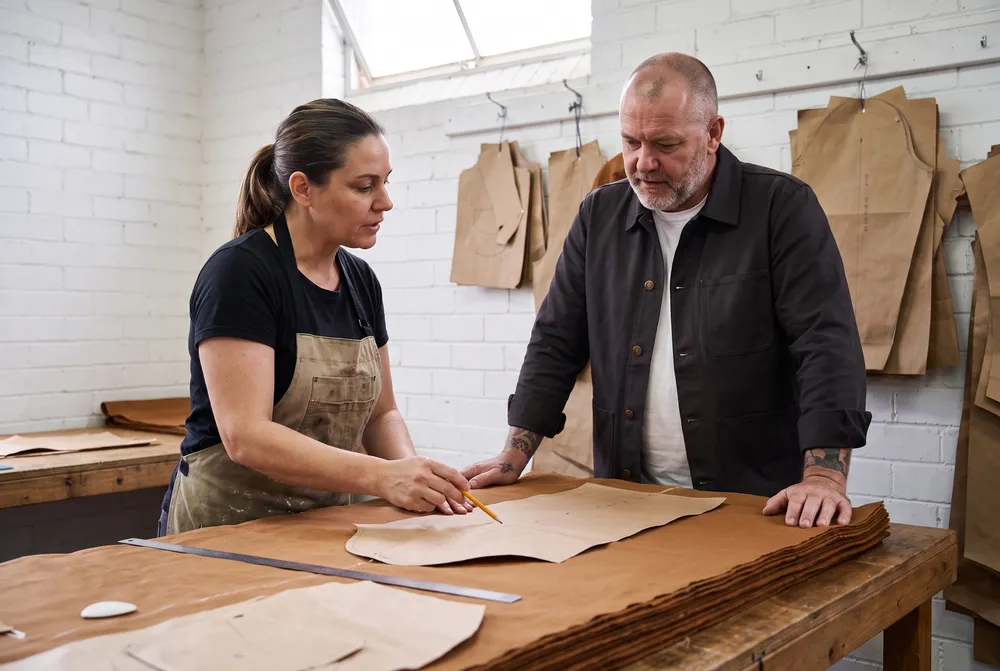 Kate Ferris and Rhys Calder at the cutting table, looking over a paper sleeve pattern on a stack of tobacco canvas