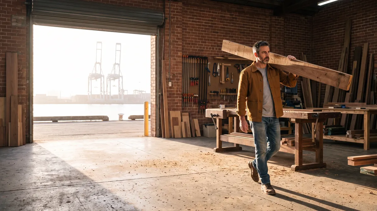 A cabinetmaker in a tobacco Carrington chore jacket carries a spotted gum board across a brick workshop, the roller door open to the harbour cranes in morning haze
