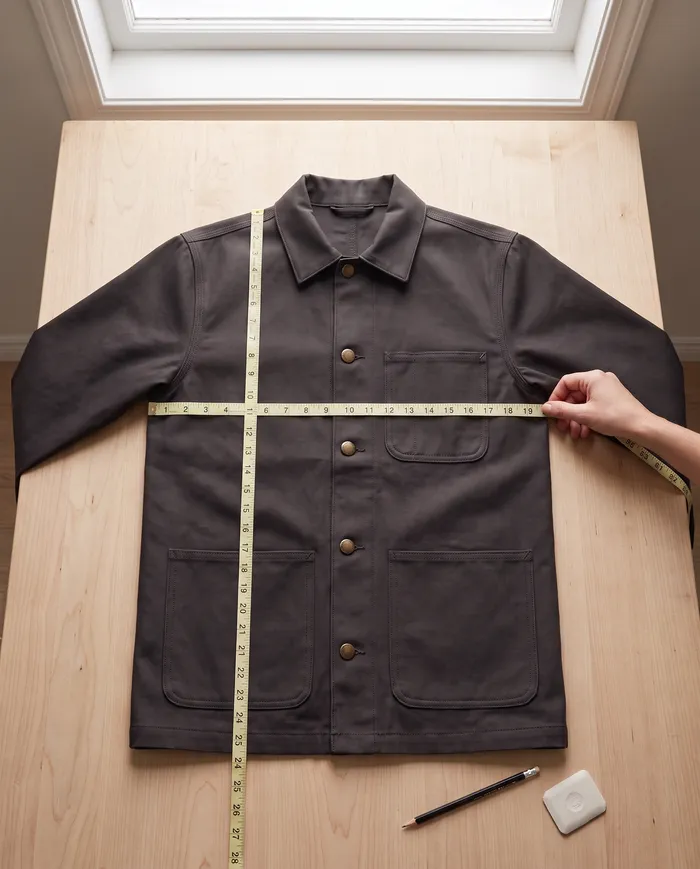 A black chore jacket laid flat on a cutting table with a tape measure across the chest from armpit to armpit