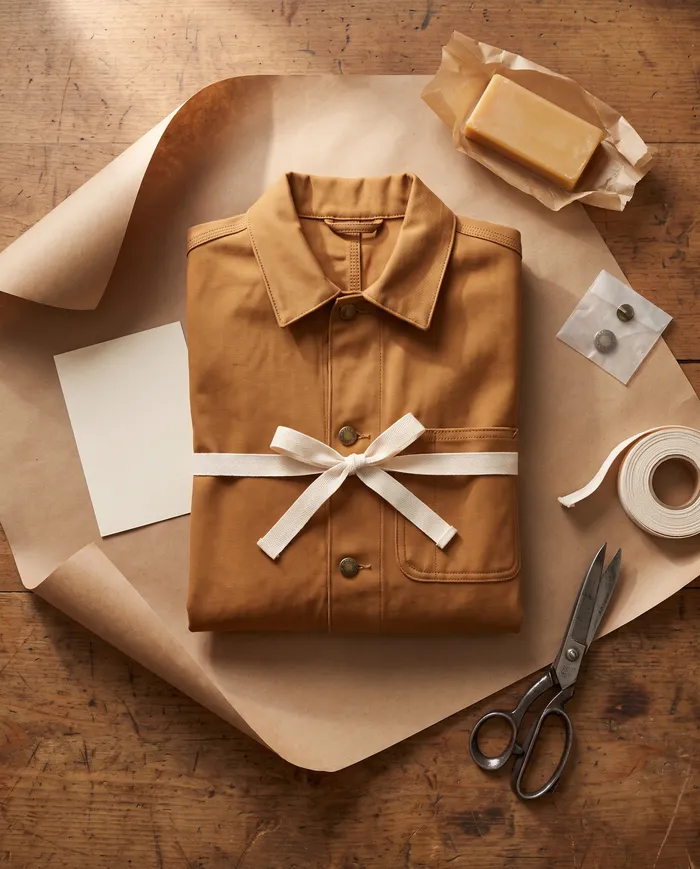 A chore jacket folded and tied with cotton tape on kraft paper, with a blank repair card, a bar of canvas wax and a spare brass button