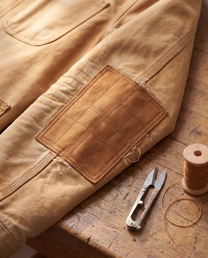 The elbow of a faded tobacco chore jacket with a new patch of darker canvas sewn and darned over it