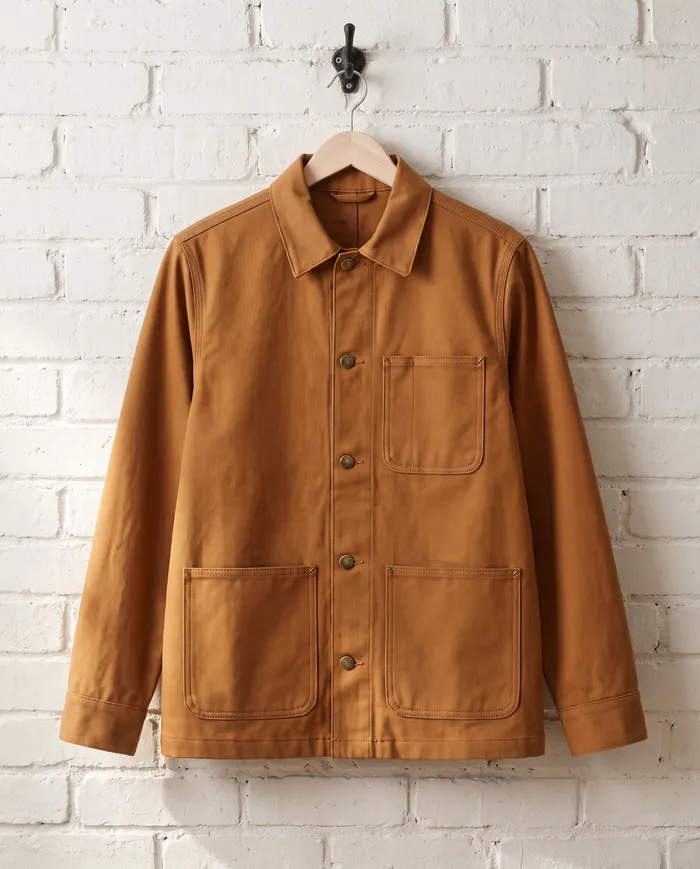 The Carrington chore jacket in tobacco, hanging on a whitewashed brick wall, photographed new, then at one year and at five years in the same light