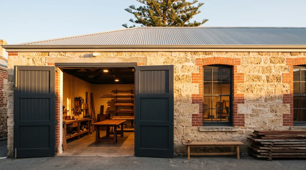 The Kerf workshop, a limestone warehouse with red brick around the windows and its tall charcoal doors open onto the lane, late afternoon