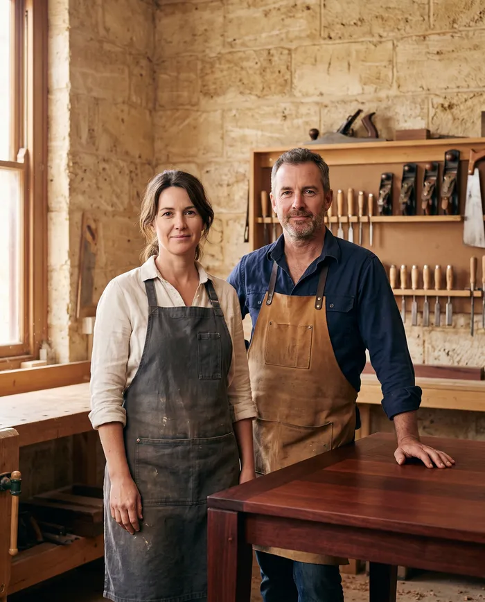 Tess Arden and Callum Reid in aprons in the Kerf workshop, beside a jarrah table, with a limestone wall and a rack of chisels behind them
