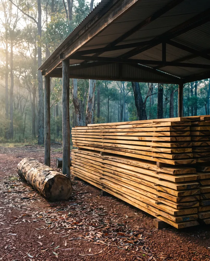 Rough-sawn marri boards stacked with spacers to air-dry in an open shed at the edge of a eucalypt forest, a marri log beside them