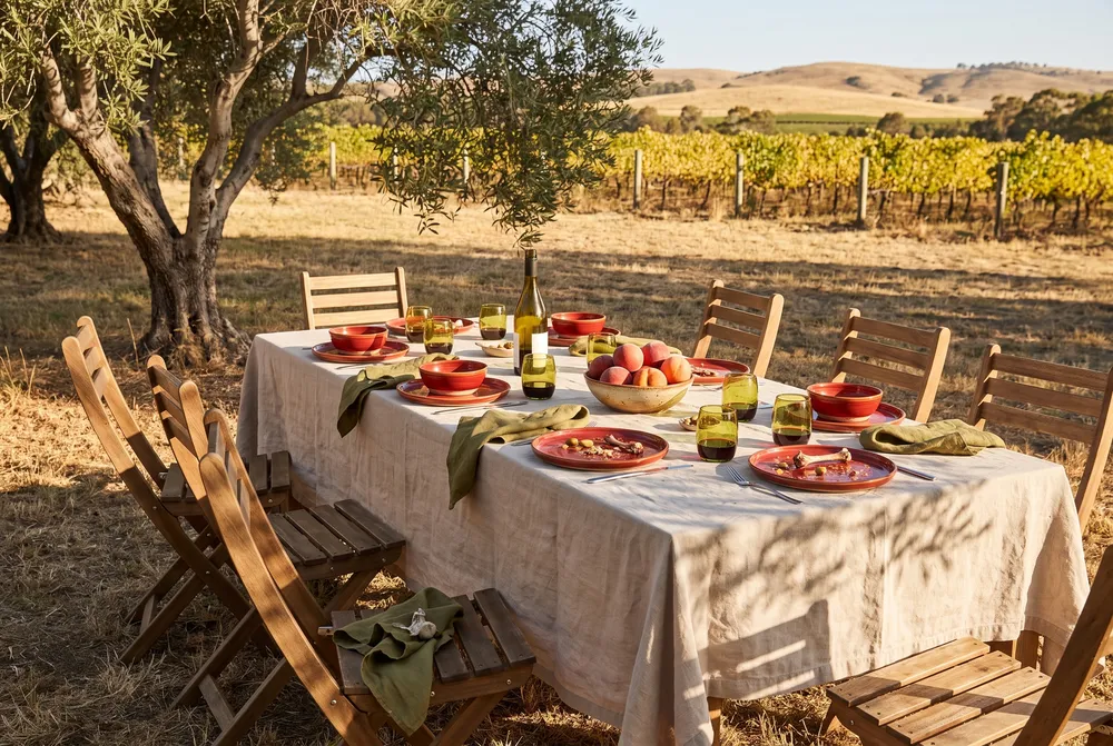 A long table under an olive tree beside a vineyard, set for eight with a natural linen cloth, tomato red plates and bowls, olive green tumblers and olive linen napkins