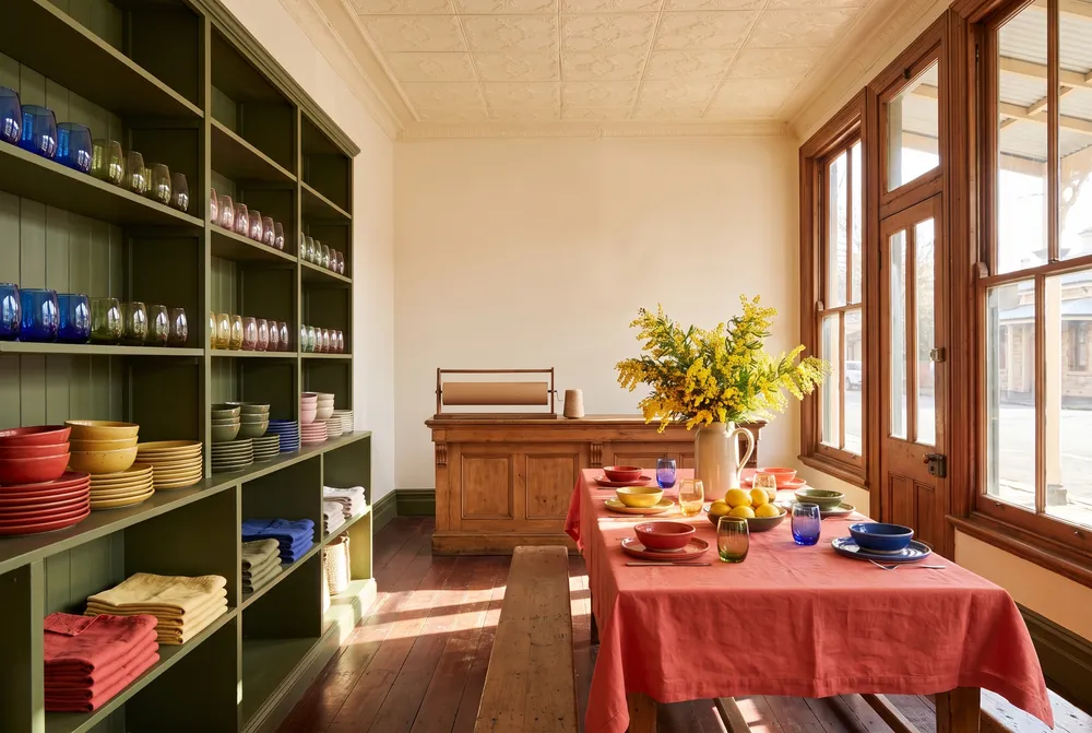 Inside the shop: olive green shelves of coloured glasses, plates and folded linen, and a long table set for lunch in the morning sun