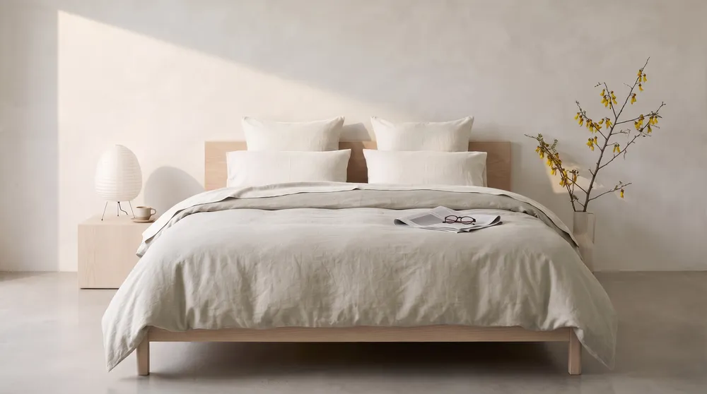 A low oak bed made in stonewashed linen: the duvet cover in Flax, the sheets and pillowcases in Salt