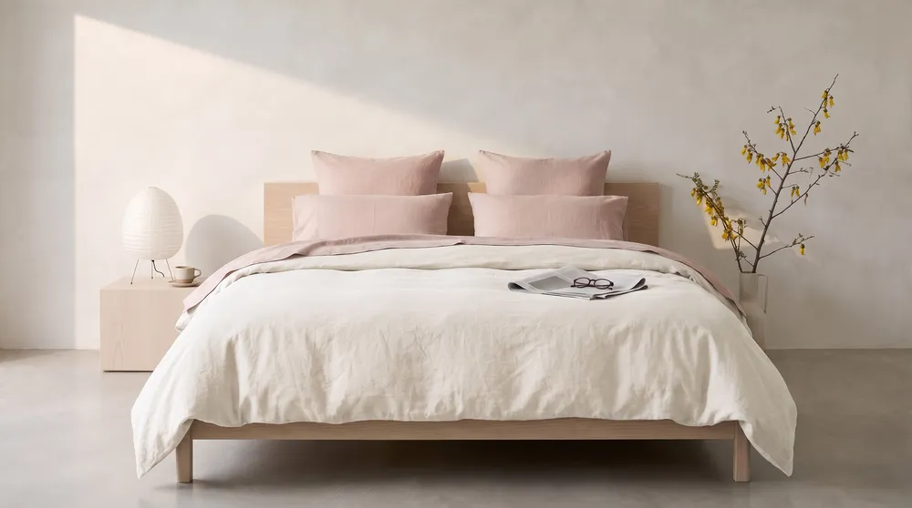 A bed made with a Salt linen duvet cover and Clay sheets and pillowcases