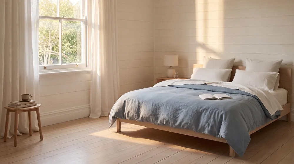 Morning sun through a sash window across a villa bedroom in Grey Lynn, the bed made in an Estuary linen duvet cover with Salt sheets and pillowcases