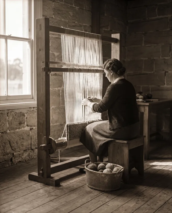Agnes Brennan knotting at the timber frame loom by the schoolhouse window, 1937