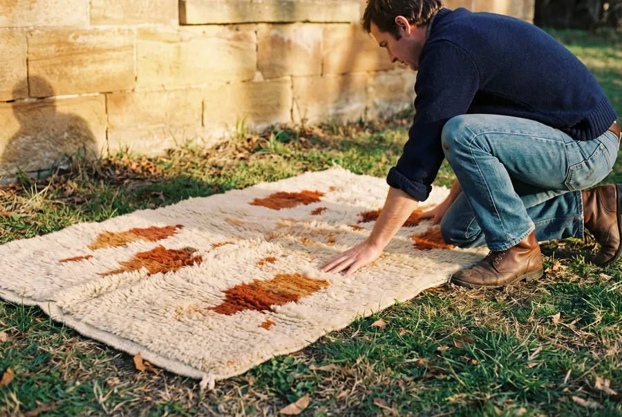Robert Brennan smoothing the first Bay of Fires rug, laid out on the grass beside the sandstone wall, 1984
