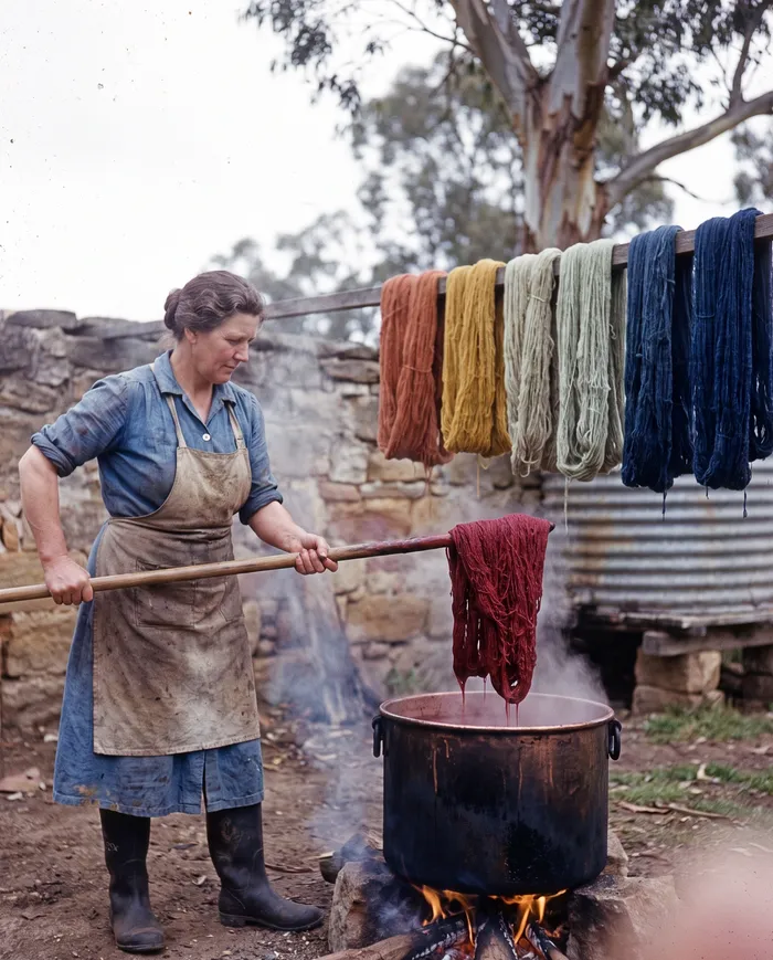 June Brennan lifting a skein of madder red wool from a copper dye pot on a wood fire, with dyed skeins drying on a rail behind her