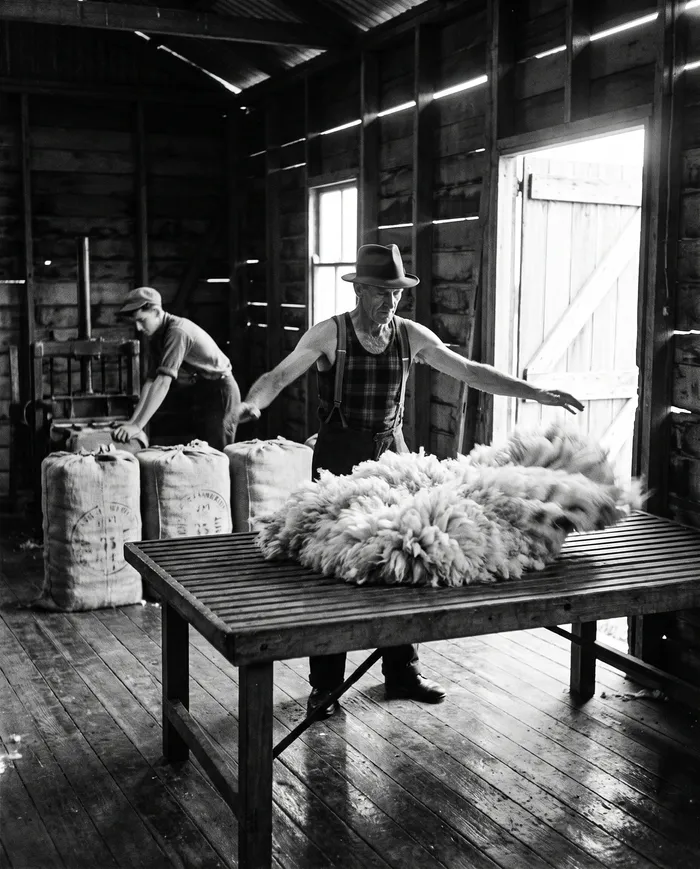 A wool classer throwing a fleece across the slatted table in a timber shearing shed, 1952