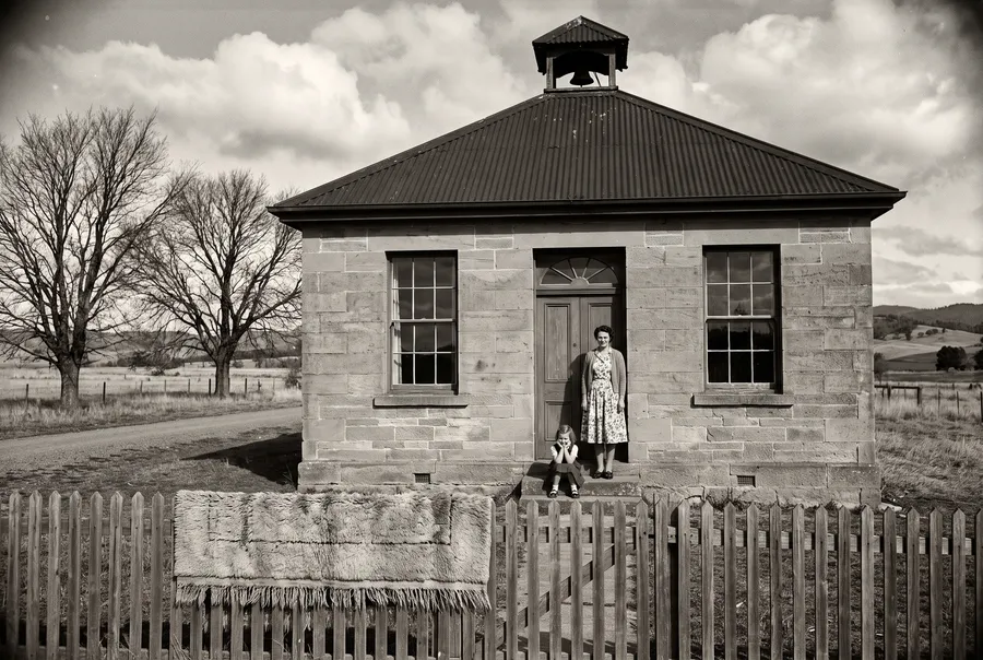 The Ross schoolhouse in about 1950, with a rug drying over the front fence, a woman in the doorway and a girl on the step
