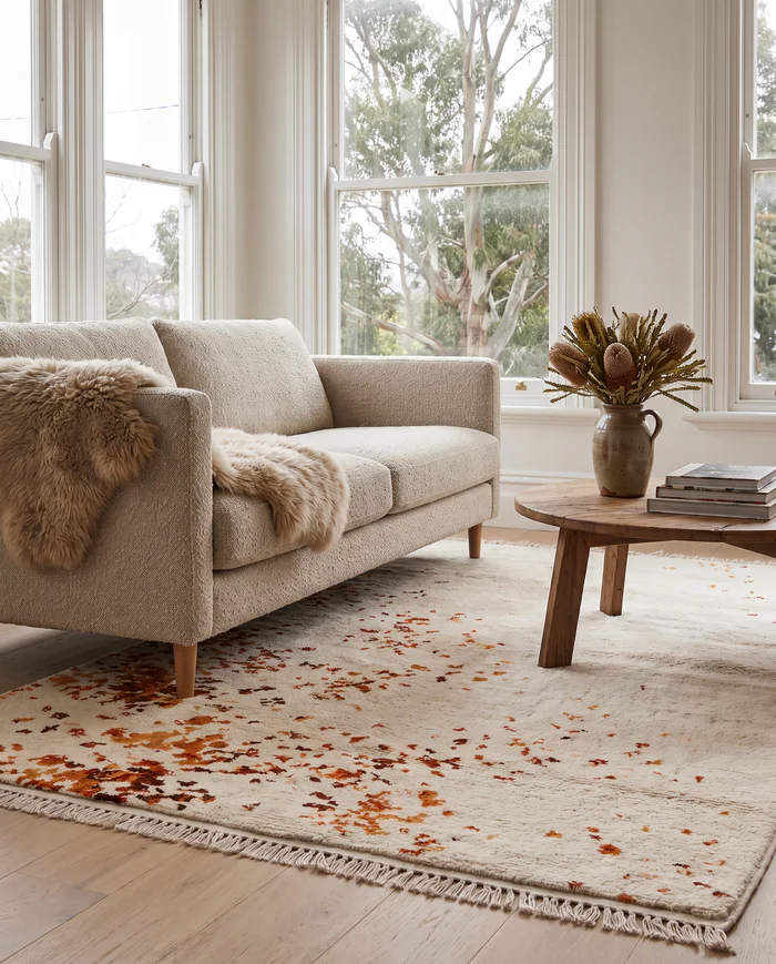 Bay of Fires rug: in a living room
