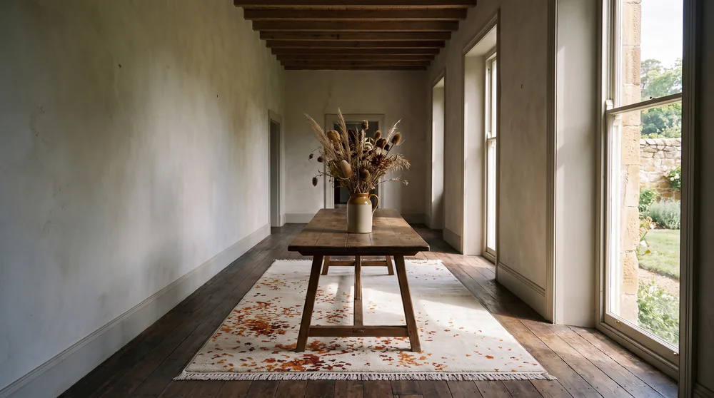 The long room of the schoolhouse: a trestle table with dried teasels in a stoneware jug, standing on a Bay of Fires rug, with tall windows onto the garden