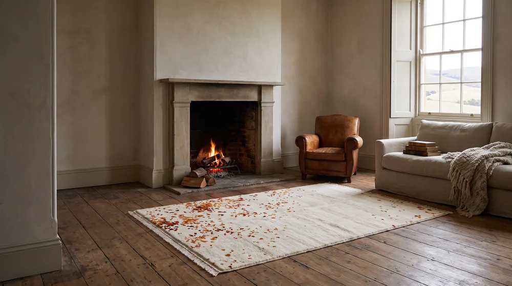 The front room of the schoolhouse, with a fire in the stone fireplace, a leather armchair and a Bay of Fires rug on the floorboards