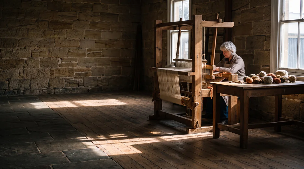 Isla Brennan knotting at a timber loom in the sandstone workshop in Ross, with afternoon light across the floorboards