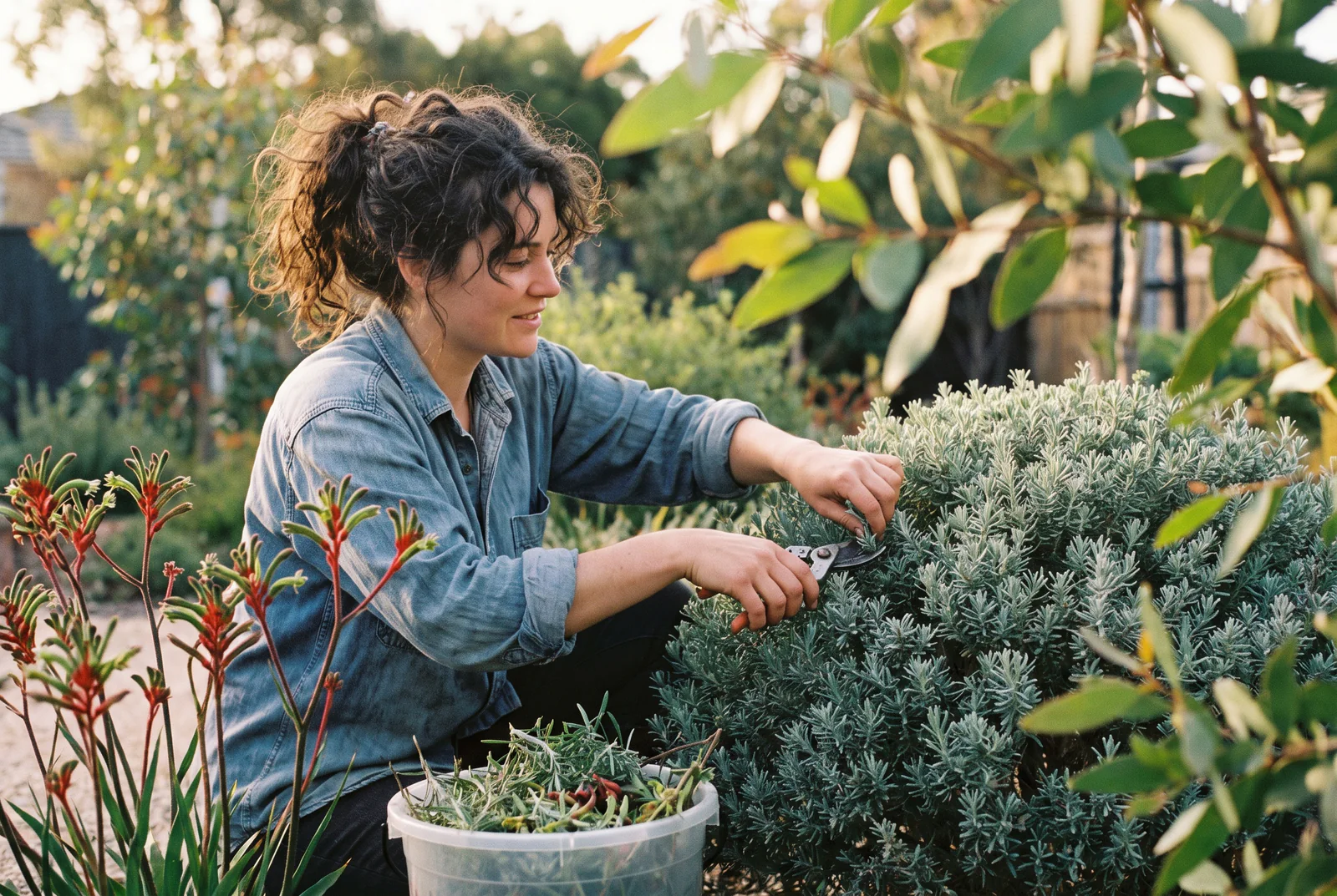 Tess, the horticulturist, pruning a coastal rosemary on a care visit