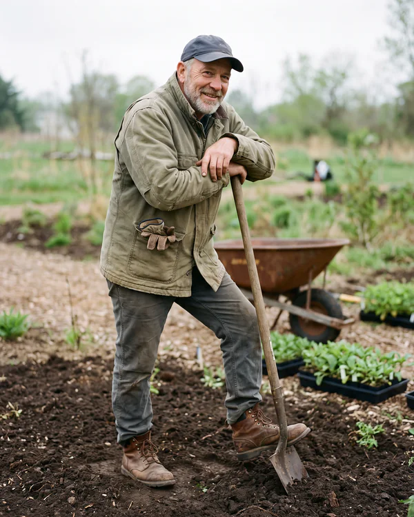 Dom Petrakis, crew lead, leaning on a spade