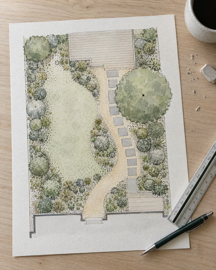 A hand-drawn watercolour planting plan of a back garden: a deck, a large tree, a stepping-stone path and planted beds