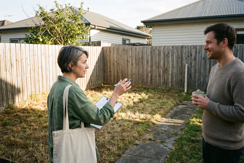 Ruth on a site visit, pointing out a sunny corner to a homeowner
