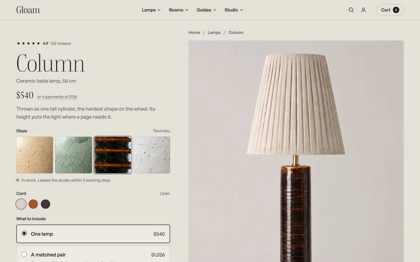 The column lamp product page from Gloam, a concept store by Bartley Studio