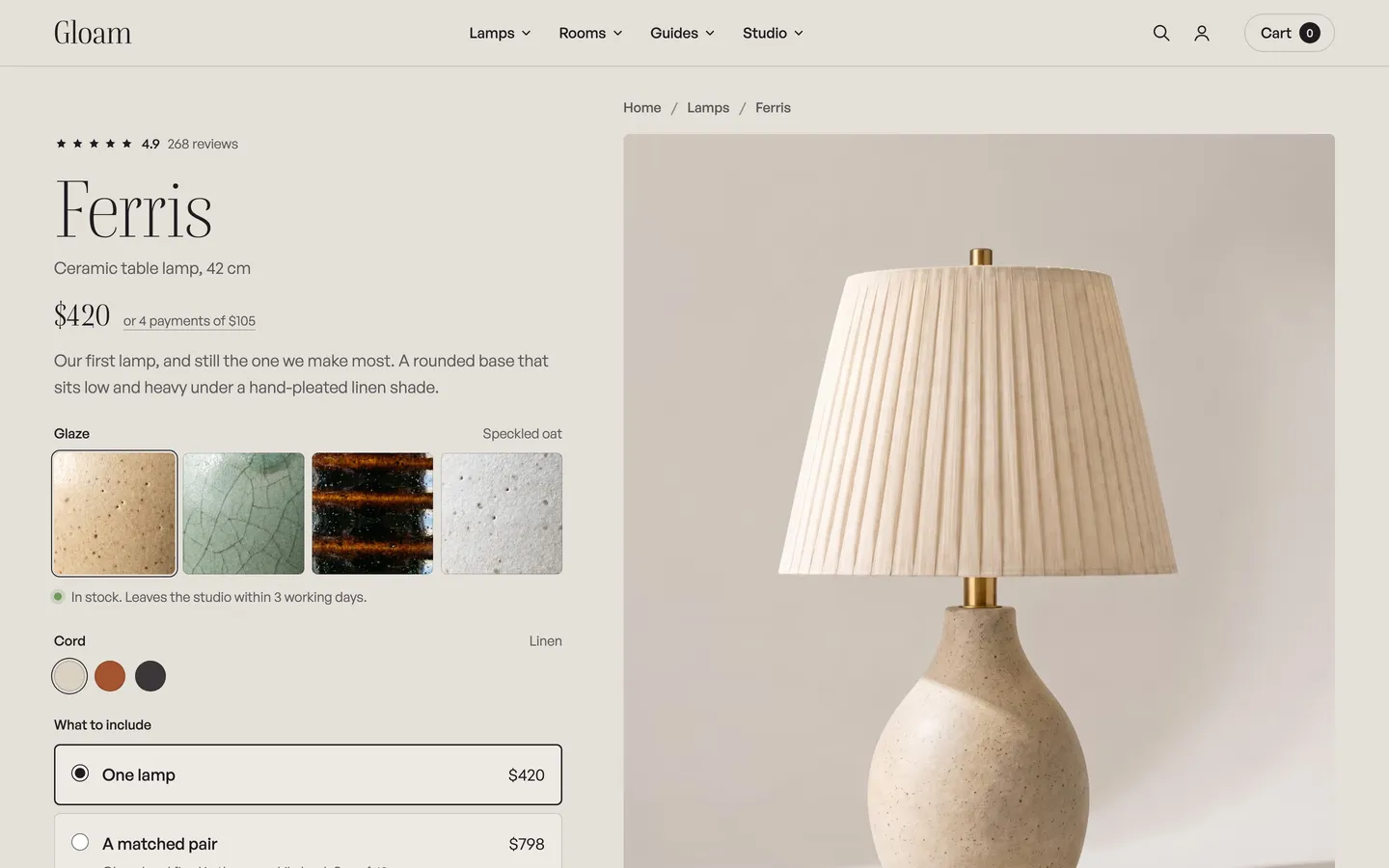 The ferris lamp product page from Gloam, a concept store by Bartley Studio
