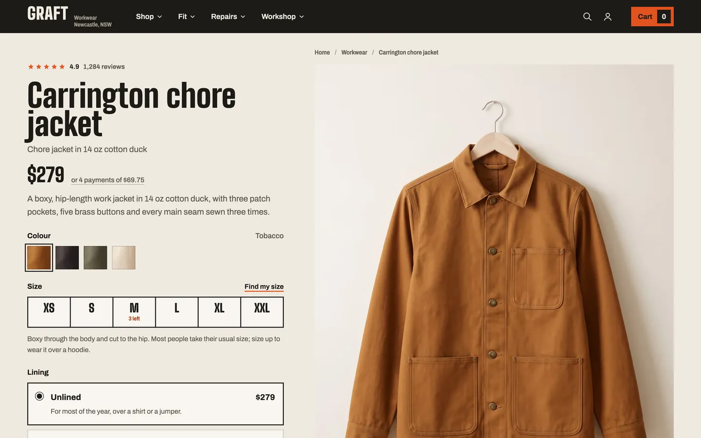 The carrington chore jacket product page from Graft, a concept store by Bartley Studio