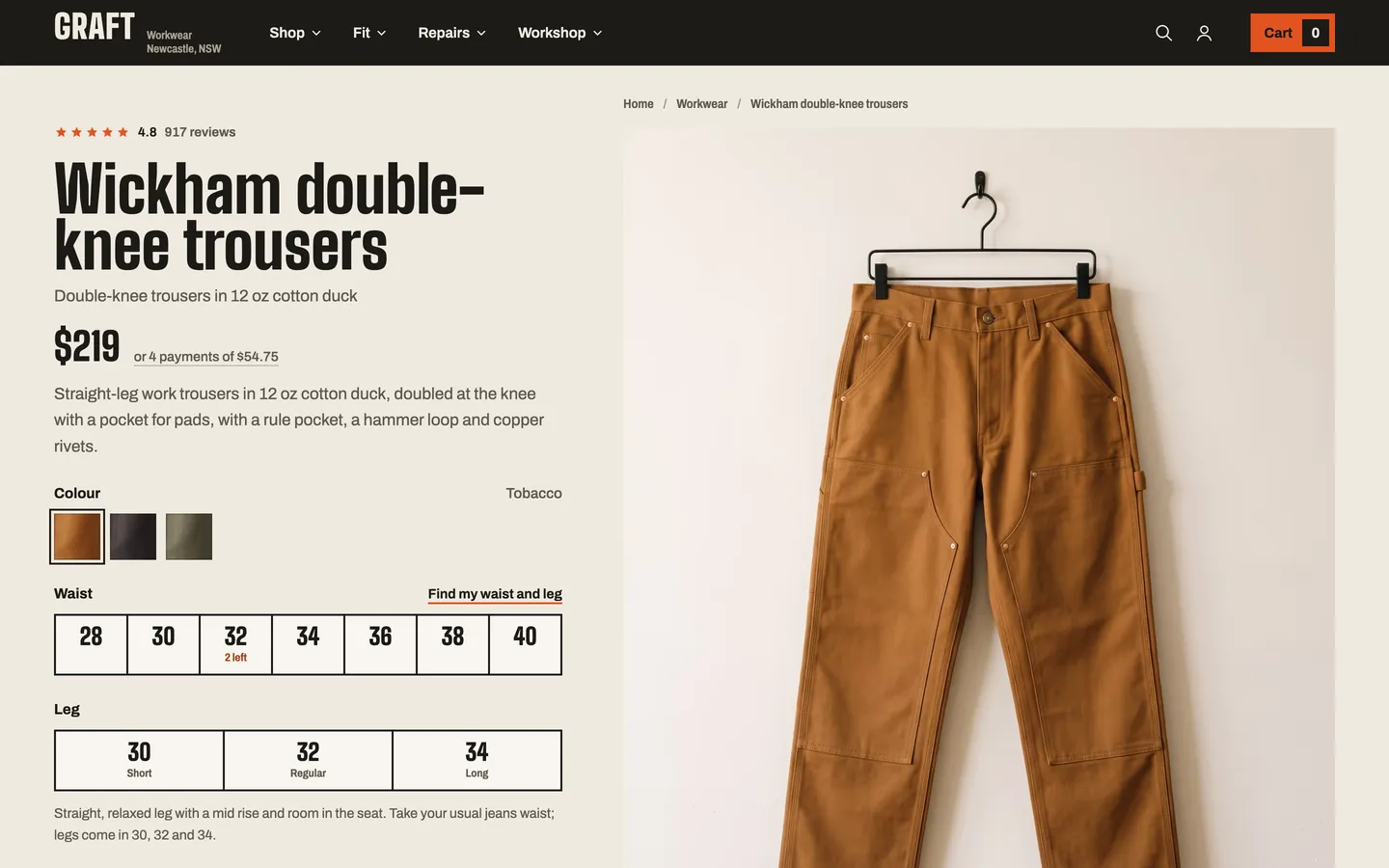 The wickham work trousers product page from Graft, a concept store by Bartley Studio