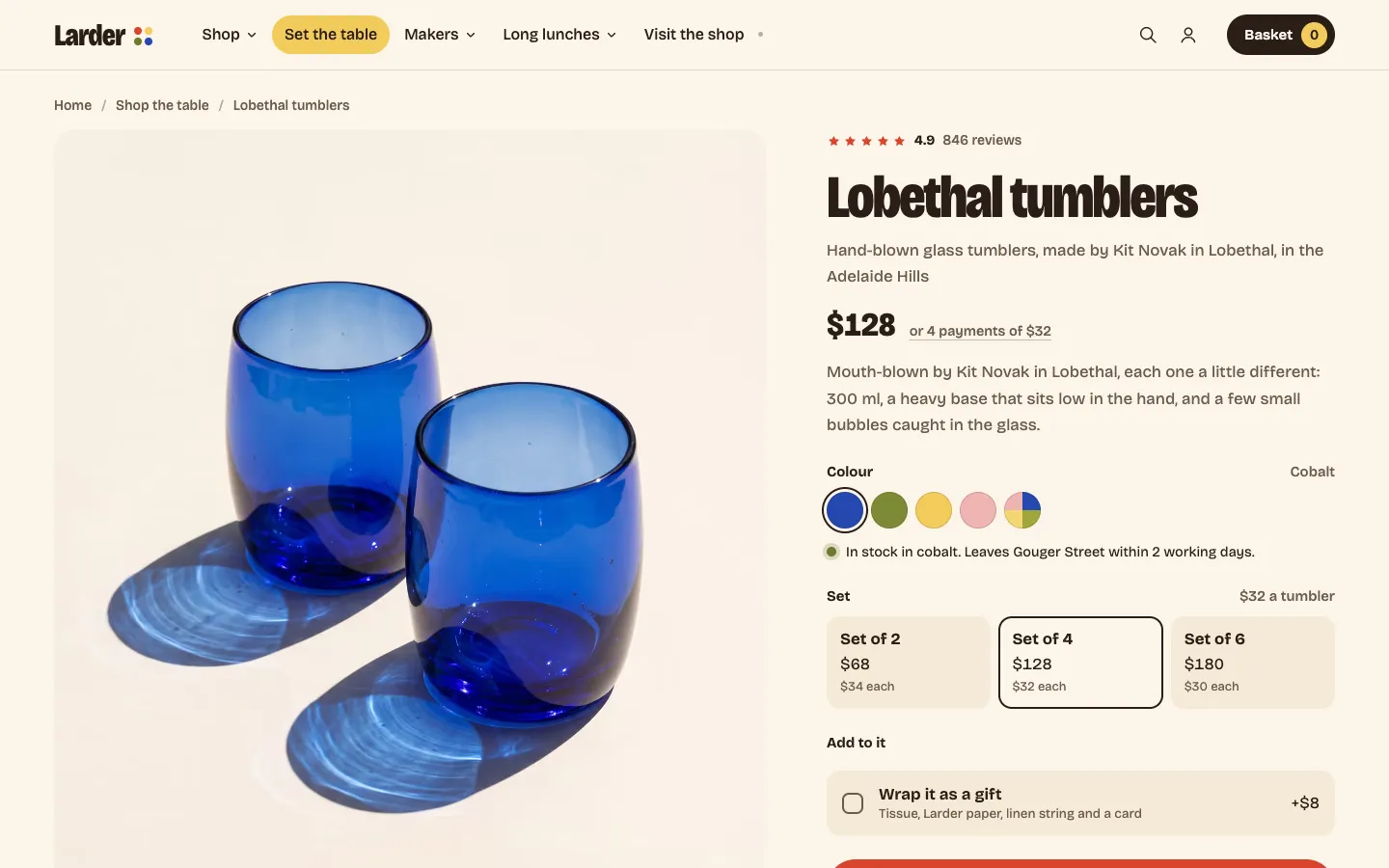 The lobethal tumblers product page from Larder, a concept store by Bartley Studio