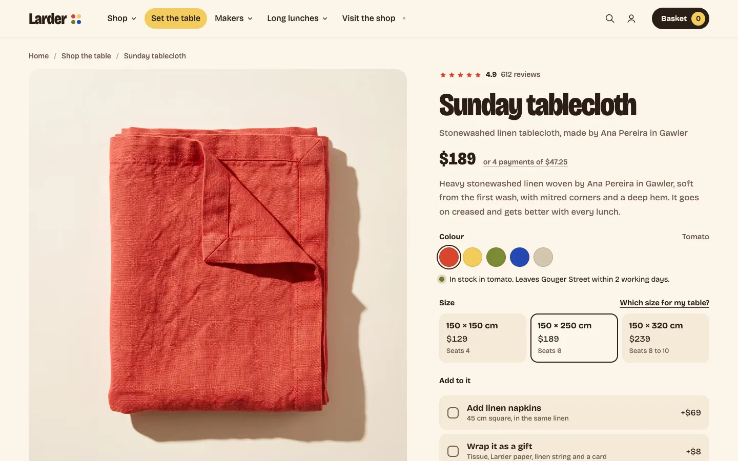 The sunday tablecloth product page from Larder, a concept store by Bartley Studio
