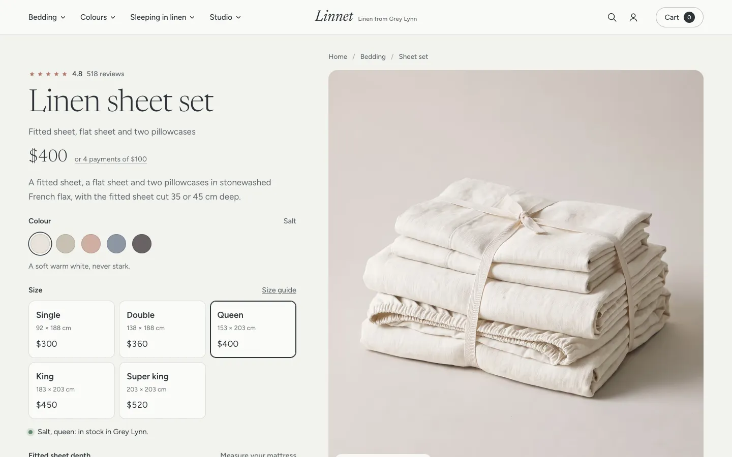 The linen sheet set product page from Linnet, a concept store by Bartley Studio