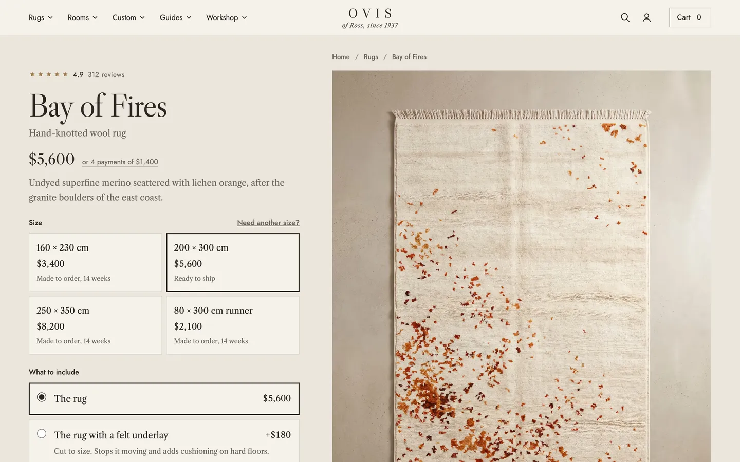 The bay of fires rug product page from Ovis, a concept store by Bartley Studio