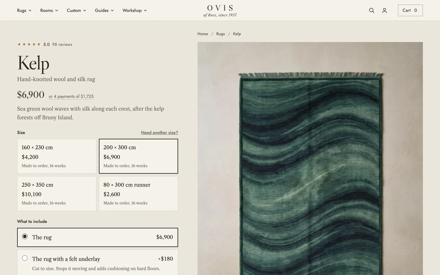 The kelp rug product page from Ovis, a concept store by Bartley Studio