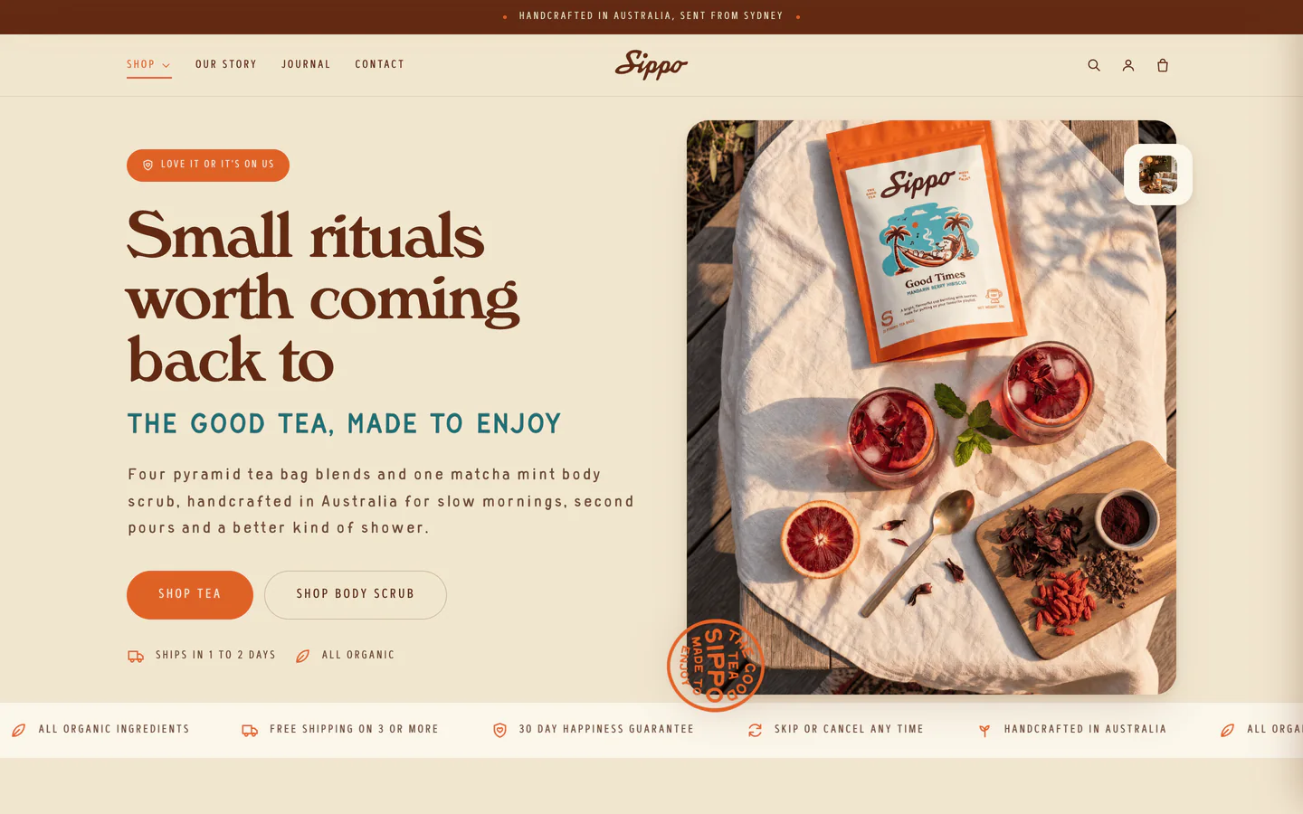 The homepage, from the Sippo tea storefront design