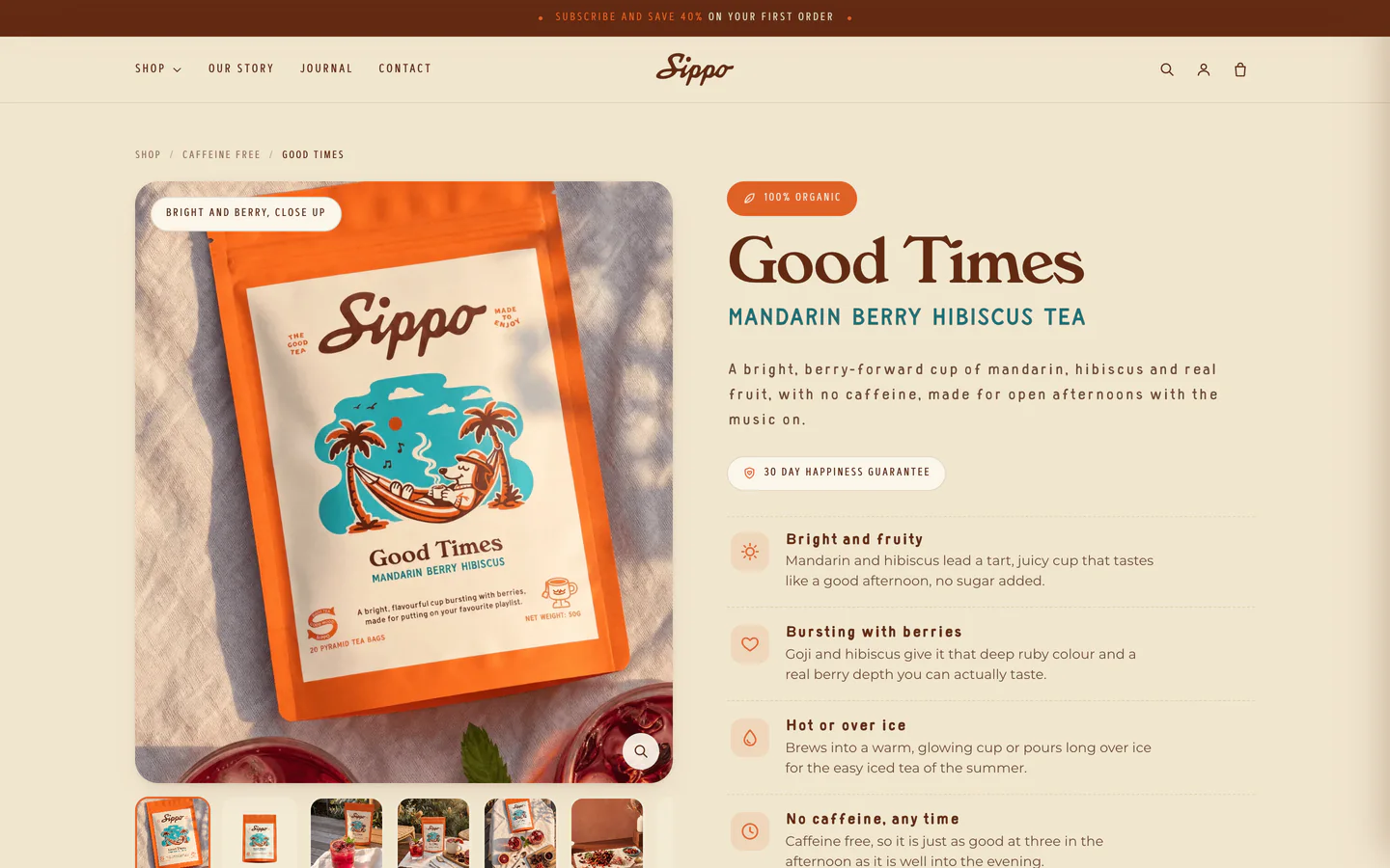 The product page, from the Sippo tea storefront design