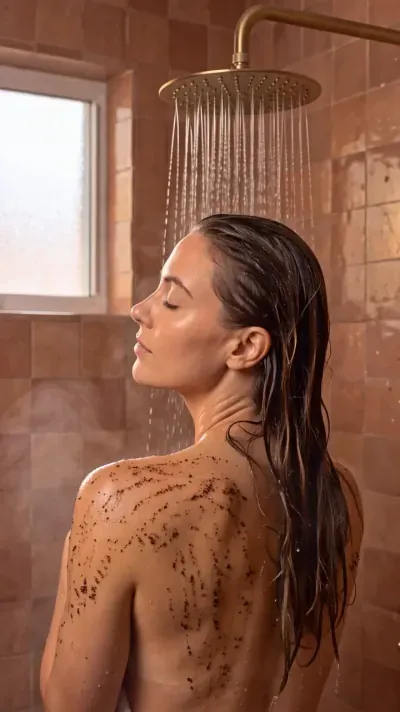A vertical ad: a body scrub in a terracotta-tiled shower.